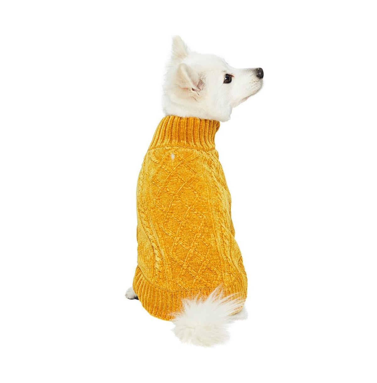 Dogs & Cats & Co. Ultra-Soft Cozy Chenille Cable-Knit Dog Sweater Turtleneck with Leash Opening - Mustard
