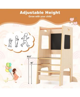 Girls Kitchen Step Stool with Activity Chalkboard Adjustable Height & Safety Rail