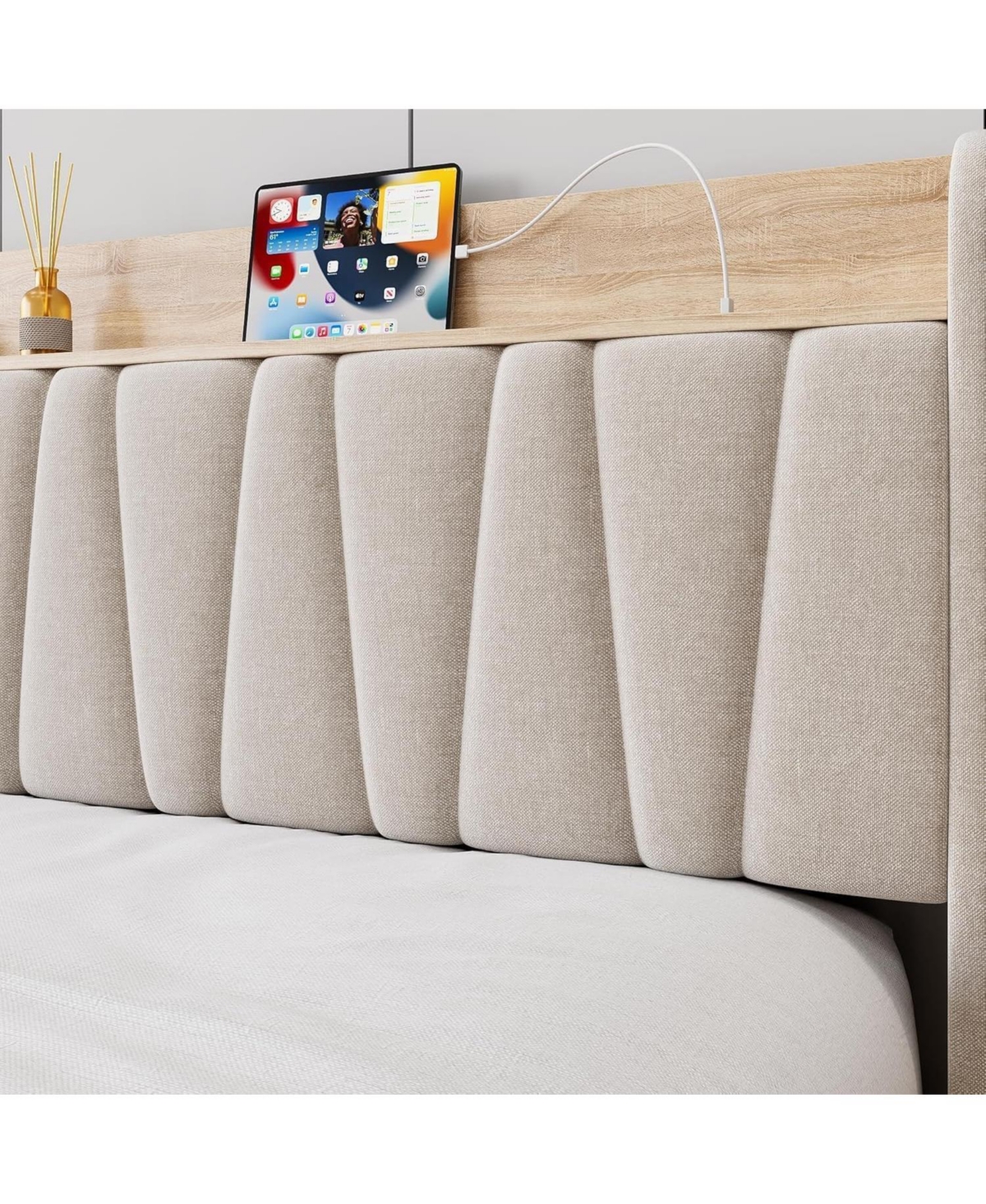 gaomon Upholstered Bed Frame with Storage Headboard, Drawer, Charging Station, Linen Platform