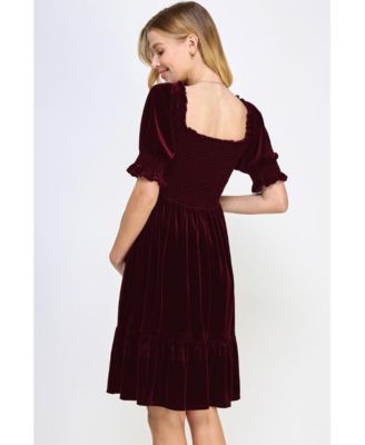 Maternity Velvet Empire Waist Puff Sleeve Smocked Neck Dress