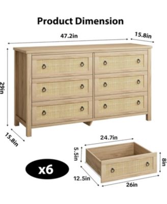 6-Drawer Boho Design Engineered Wood Rattan Dresser, Bedroom, Closet, Living Room Storage, Anti-Tip, Natural