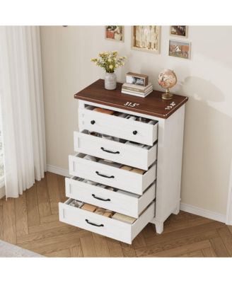 5-Drawer White Freestanding Wooden Chest, 41.3" Tall, Brown Top, Vertical Dresser for Living Room, Bedroom