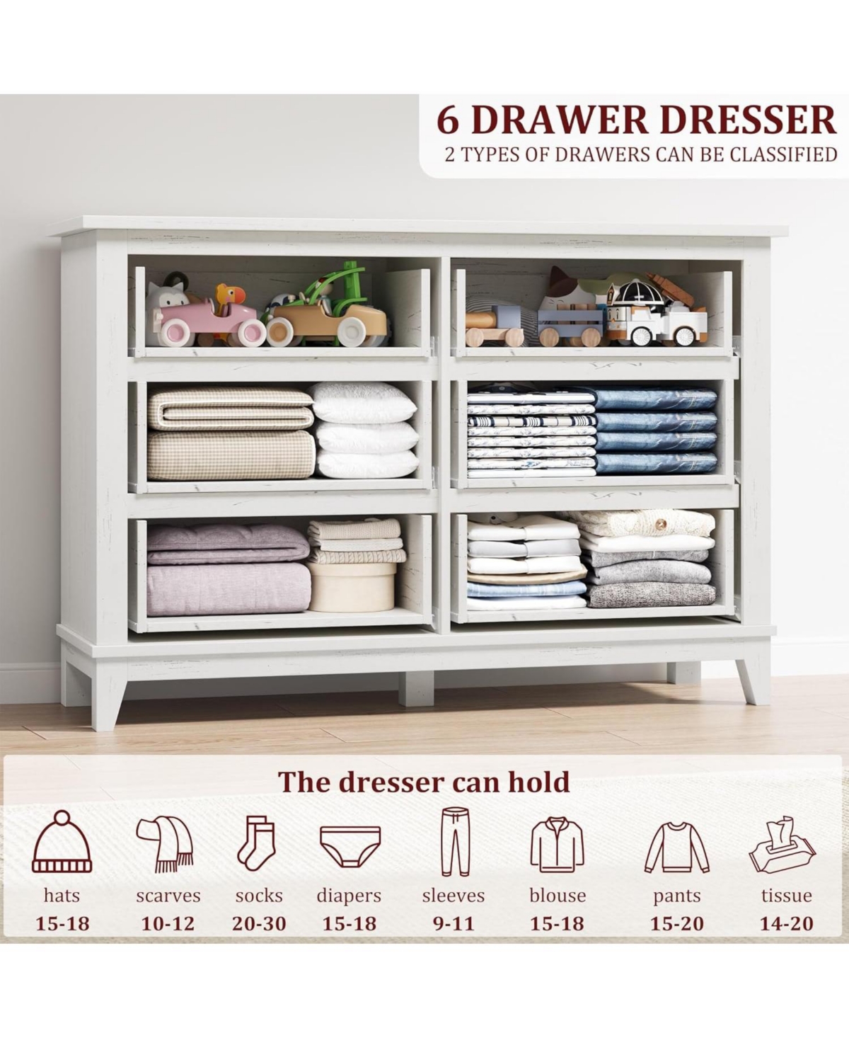 gaomon 6-Drawer White Wooden Dresser, 47" Freestanding Storage Chest for Bedroom, Living Room