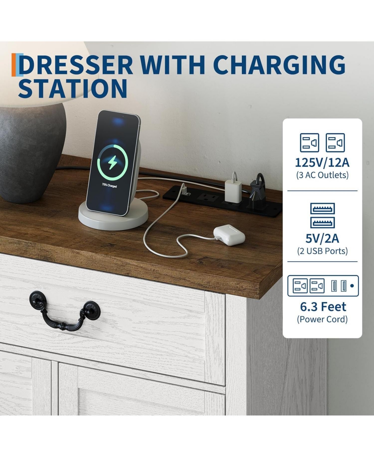 gaomon 9-Drawer Engineered Wood Farmhouse Dresser with Built-In Charging Station and Anti-Tip Device