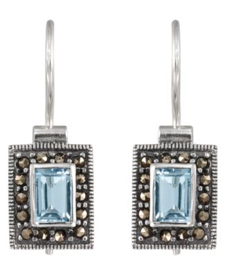 Marcasite (0.34 ct. t.w.) and Blue Topaz (0.40 ct. t.w.) French Wire Rectangle Earrings in Sterling Silver