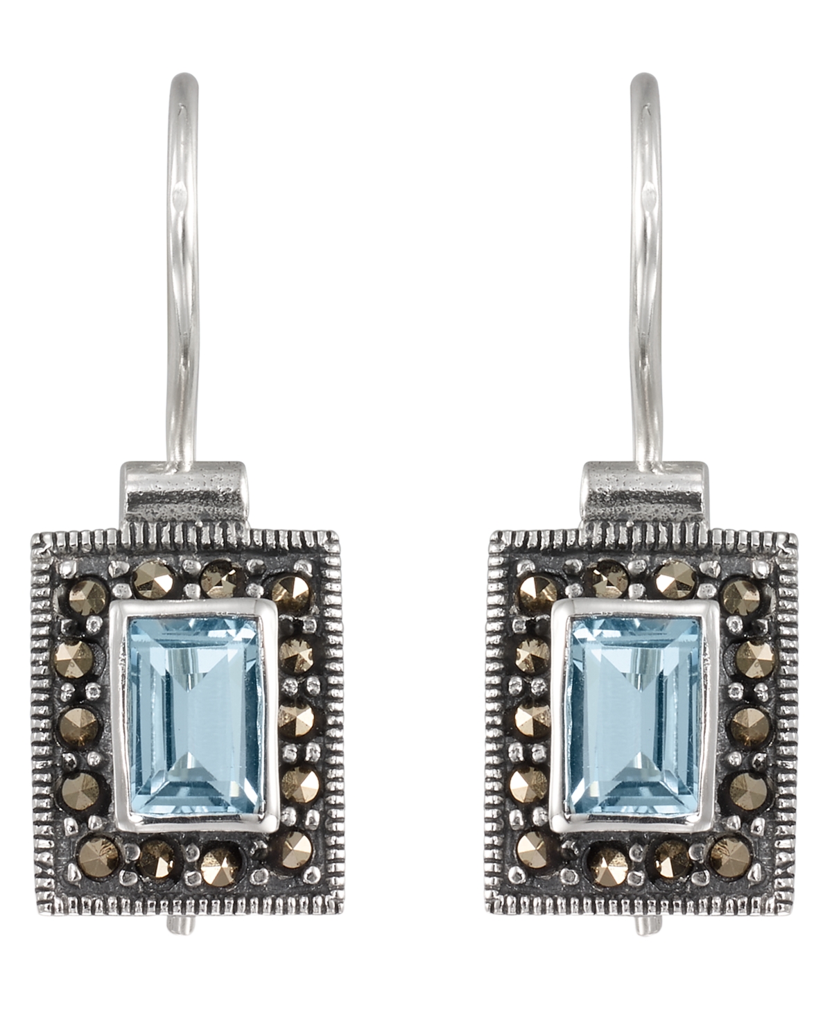 Macy's Marcasite (0.34 ct. t.w.) and Blue Topaz (0.40 ct. t.w.) French Wire Rectangle Earrings in Sterling Silver