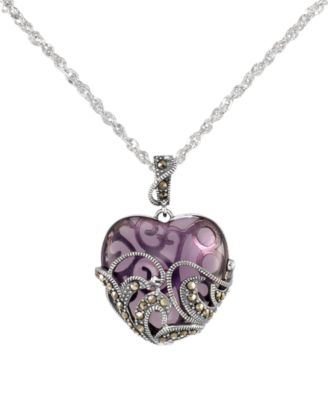 Marcasite Purple Glass (15 ct. t.w.) Heart Pendant Necklace in Sterling Silver