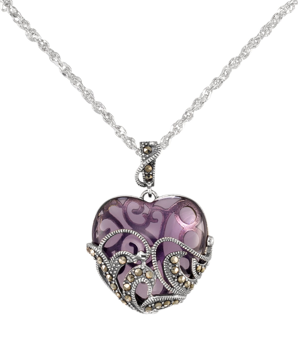 Macy's Marcasite Purple Glass (15 ct. t.w.) Heart Pendant Necklace in Sterling Silver