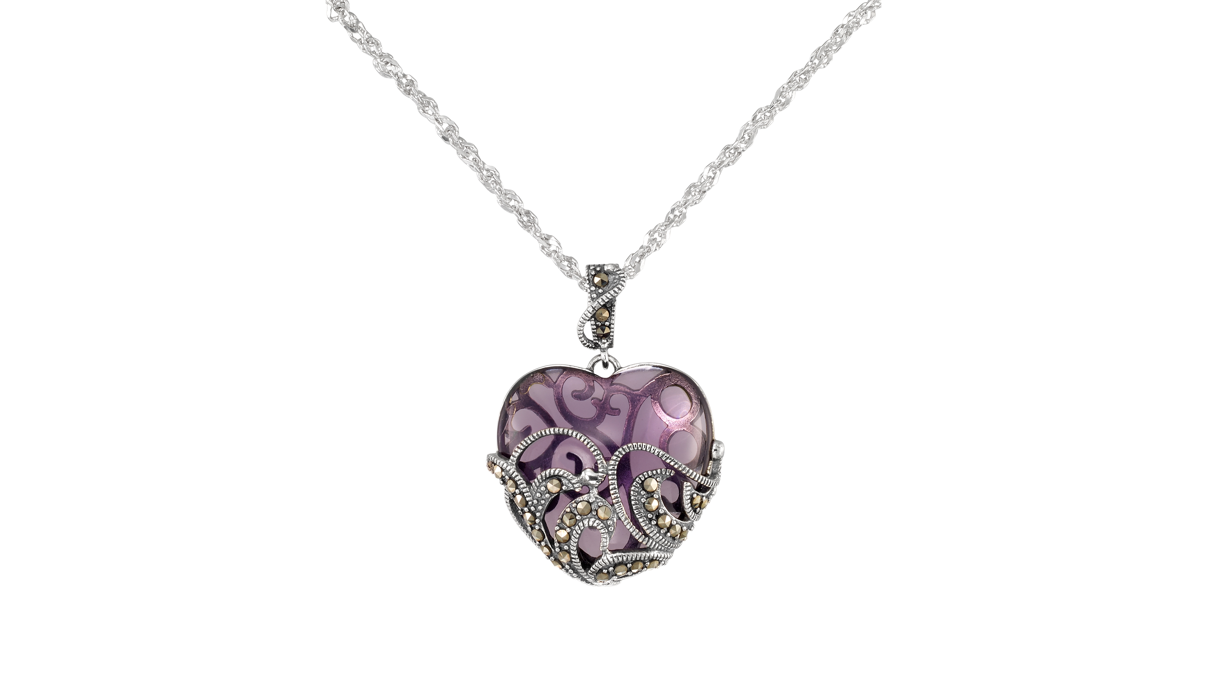 Macy's Marcasite Purple Glass (15 ct. t.w.) Heart Pendant Necklace in Sterling Silver