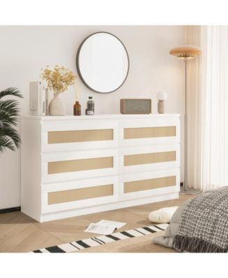 Rattan 6 Drawer Dresser for Bedroom, Modern Double Dresser with Anti-Tip Kit, Chest Organizer