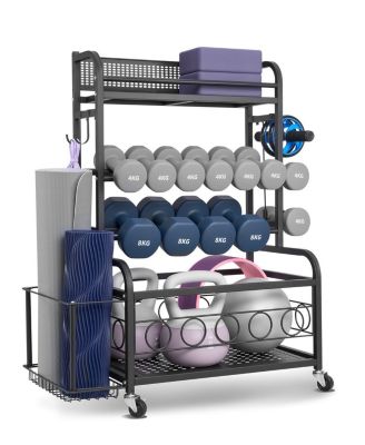 Yoga Mat Storage Rack, Steel Organizer with Hooks and Wheels for Dumbbells, Kettlebells and Fitness Accessories