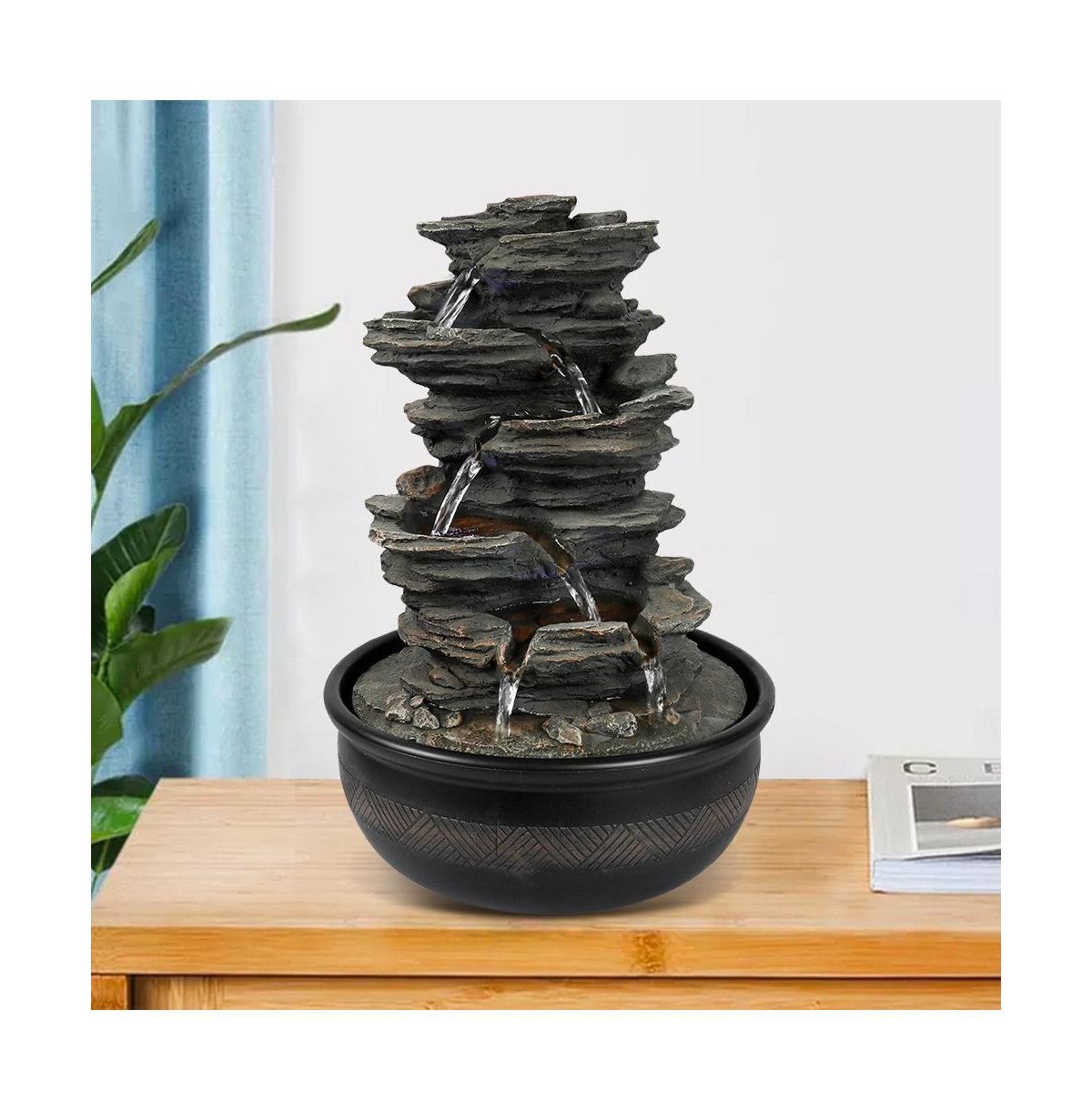 SunJet 15.7” Rock Falls Tabletop Fountain, 5-Tier Indoor Waterfall with Led Lights for Home, Office, Zen Relaxation Decor