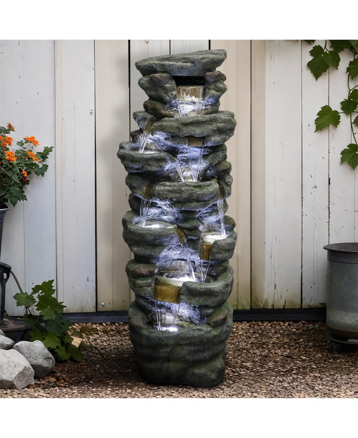 SunJet 51" High Multi-Tier Outdoor Rock Water Fountain with Led Lights, Large Resin Waterfall Fountain for Garden, Patio, Yard & Deck