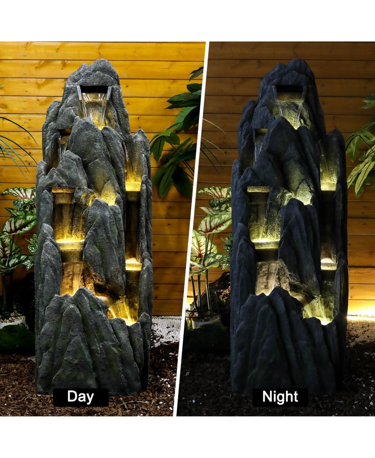 SunJet 51" Tall Outdoor Rockery Water Fountain with Led Lights, Resin Cascading Waterfall Fountain for Garden, Patio & Yard Decor