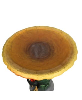 23" H Outdoor Concrete Bird Bath - Sunflower Bowl with Leaf Pedestal & Rooster/Chicken Garden Statue, 20” Dia x 23” H