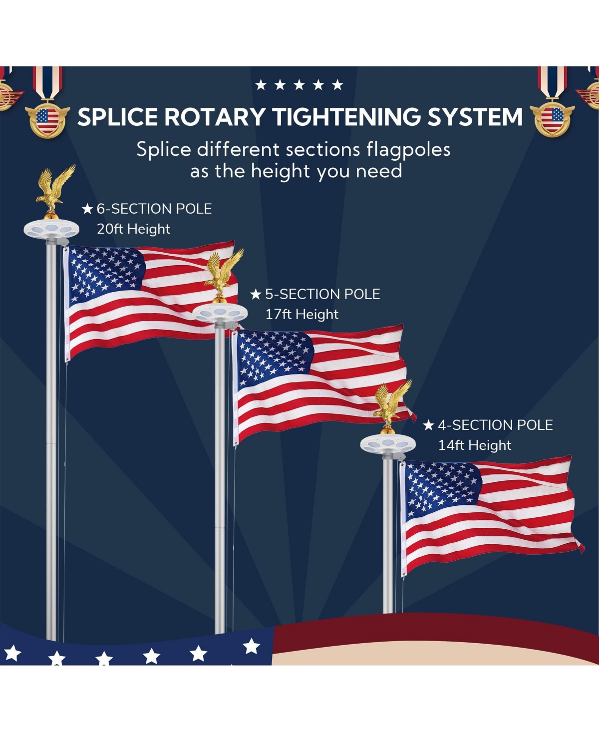 Yescom 20 Ft Sectional Flag Pole Kit with Solar Light & Deck Mount Bravery Mega Aluminum Inground Flagpole for Outdoor Patio Dock Side