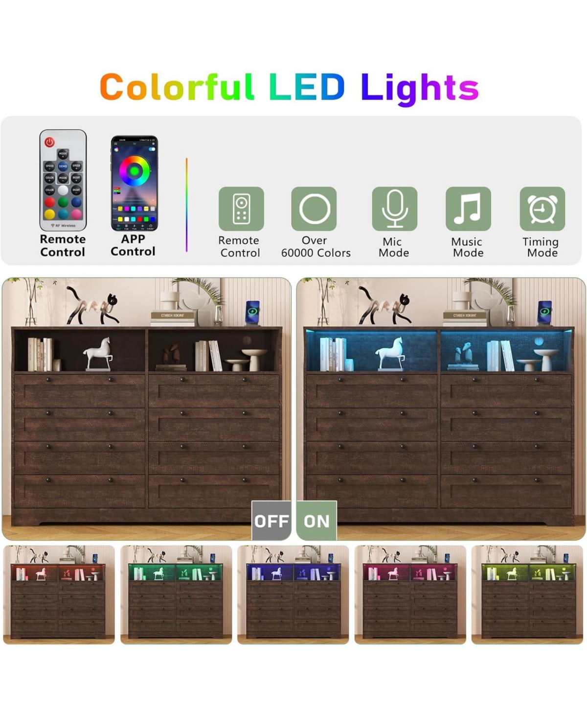 gaomon 8-Drawer Wood Dresser with Charging Station & Led Lights, Modern Storage Chest for Bedroom, Living Room, Hallway