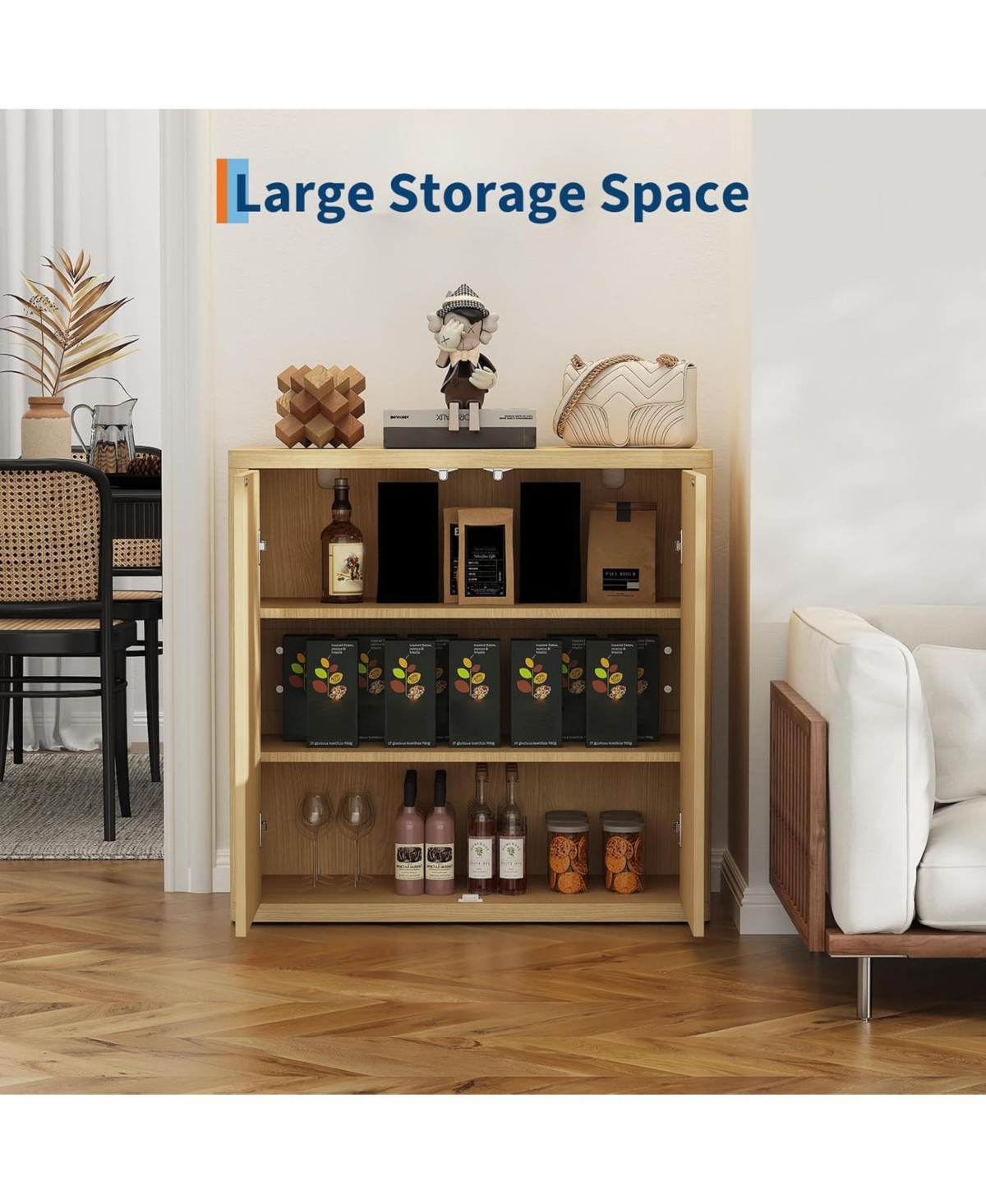 gaomon 3-Tier Buffet Cabinet with Storage, Storage Cabinet with Double Fluted Doors & Adjustable Shelves