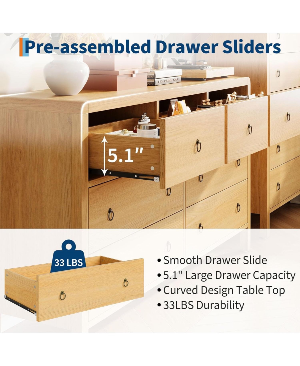 gaomon 7-Drawer Modern Bedroom Dresser in Natural Oak, Closet Storage Cabinet Organizer