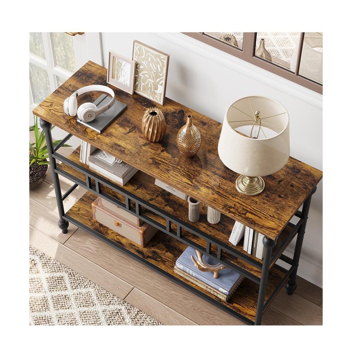 gaomon 43" 3-Tier Narrow Console Table, Rustic Brown Industrial Entryway Storage Organizer