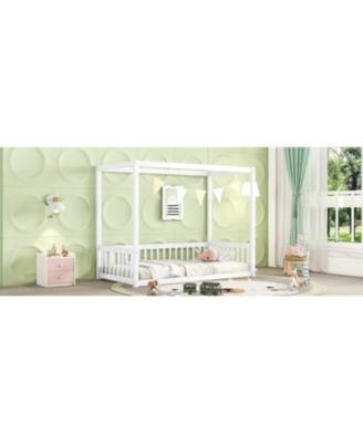 Twin Size Canopy Frame Floor Bed with Fence, Guardrails