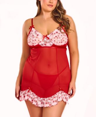 Plus Size 2PC Heart Lace and Princess Seam Babydoll Set Lingerie