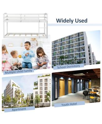 Twin over Twin Low Bunk Bed with Guardrails Integrated Ladder Kids Wooden