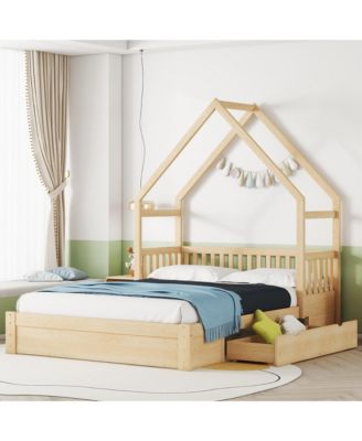 Wood Queen Size House Platform Bed with Guardrail and 2 Drawers
