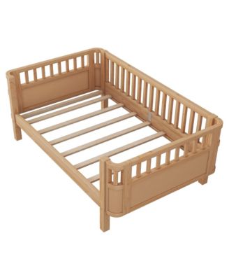 Twin Size Wood Platform Bed for Kids, Low Profile Twin Bed with 2 Wheeled Drawers & Rails