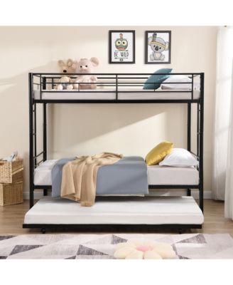 Twin Over Twin Metal Bunk Bed with Trundle, No Box Spring Needed, Easy Assemble