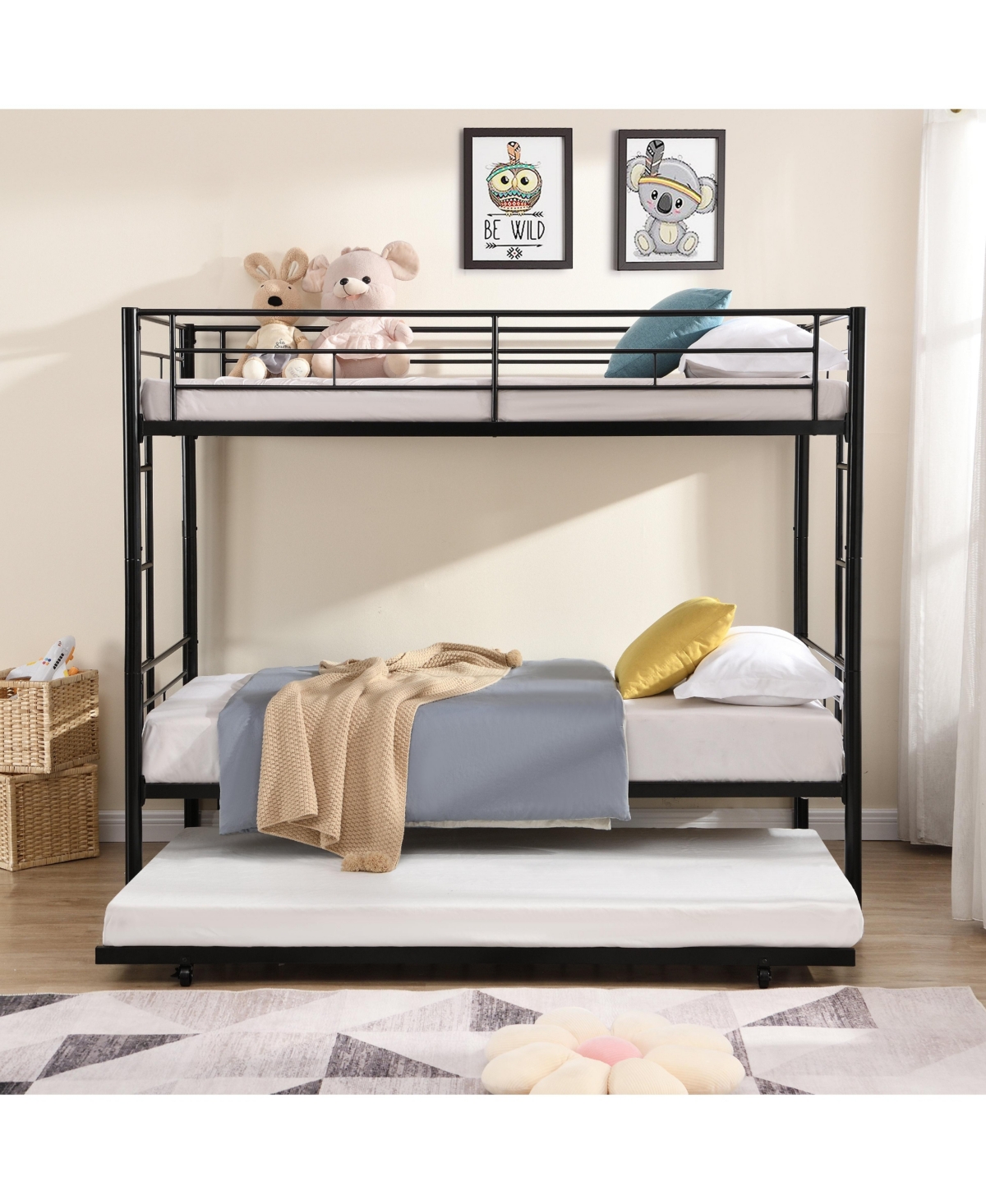 Boyel Living Twin Over Twin Metal Bunk Bed with Trundle, No Box Spring Needed, Easy Assemble