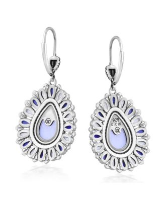 Sterling Silver Blue Lace Agate, Sodalite, and White Agate Cluster Pear Shaped Dangle Earrings