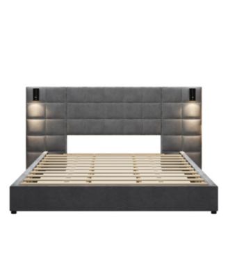 Streamdale King Size Velvet Upholstered Bed Frame with Wall Sconce & USB, Gray