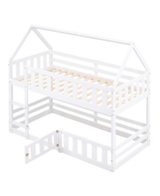 over Twin House Bunk Bed with Fence and Door, White