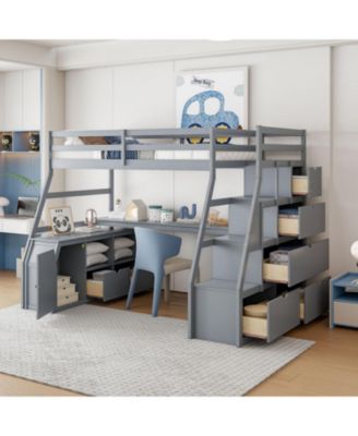 Full Size Loft Bed with 7 Drawers 2 Shelves and Desk