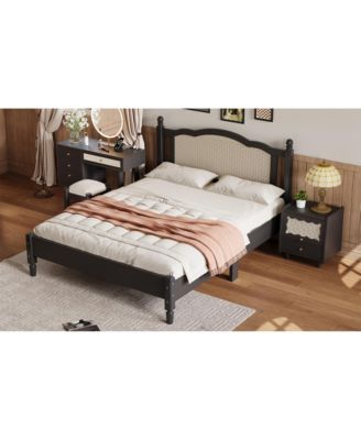 Queen Wooden Bed, Natural Rattan, Vintage