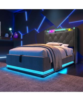 Twin-Size Upholstered LED Bed with Hydraulic Storage