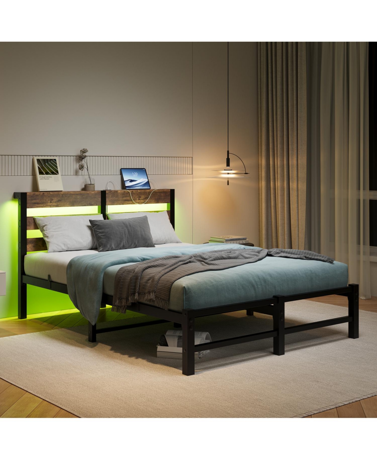 Streamdale Furniture Metal Bed Frame with Rgb Lights, Storage
