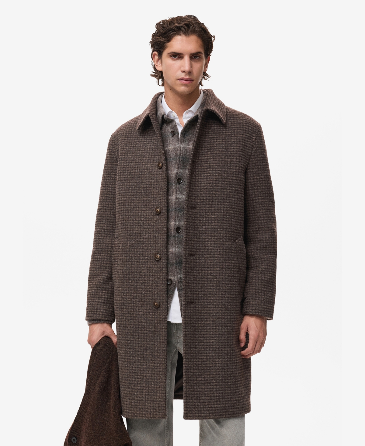 Mango Microcheck Long Coat In Brown
