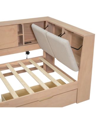 Wooden L-Shaped Daybed with Storage, Bookcase & USB