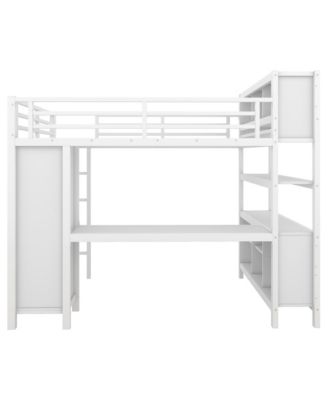 White Metal Loft Bed with Wardrobe, Desk & Storage