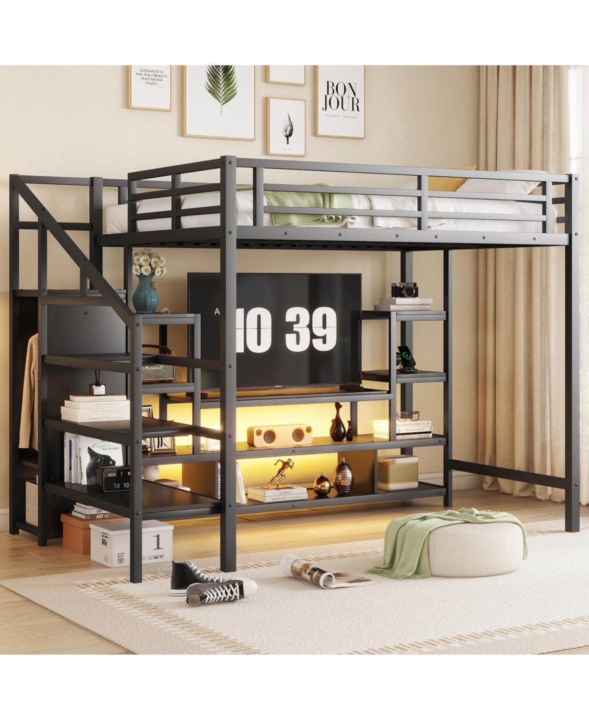 Streamdale Furniture Streamdale Full Size Metal Loft Bed with Stairs & Wardrobe