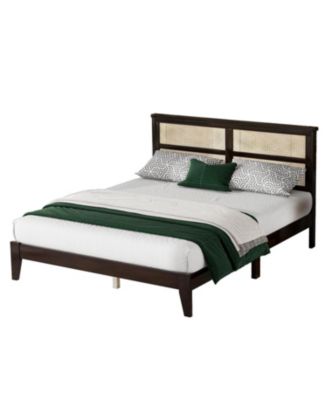 Queen Espresso Wood Bed Rattan Headboard