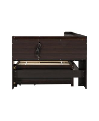 Twin L-Shaped Bookcase Bed w/ Outlets & Drawers - Espresso
