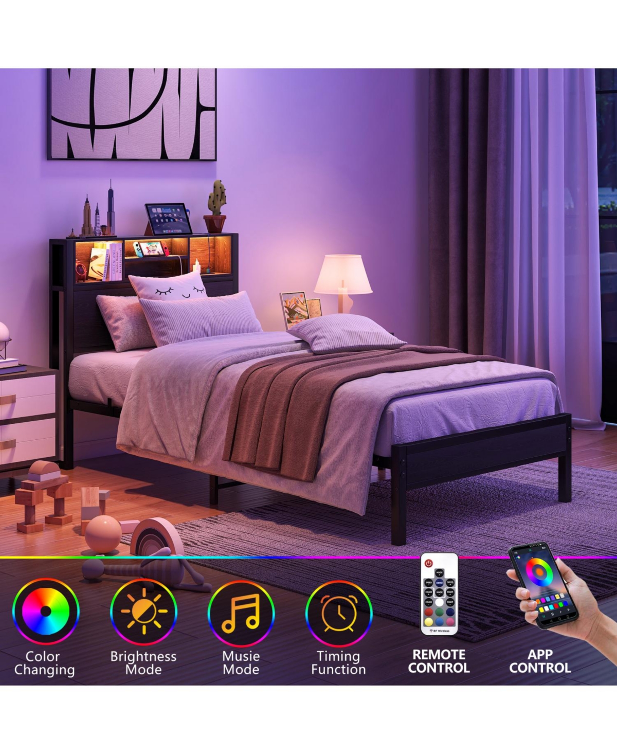 Streamdale Furniture Twin Storage Bed Frame with Headboard, Charging, and Bookcase