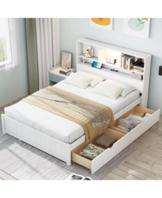 Twin Platform Bed with Bookcase Headboard, Downlight, Charger, Drawers