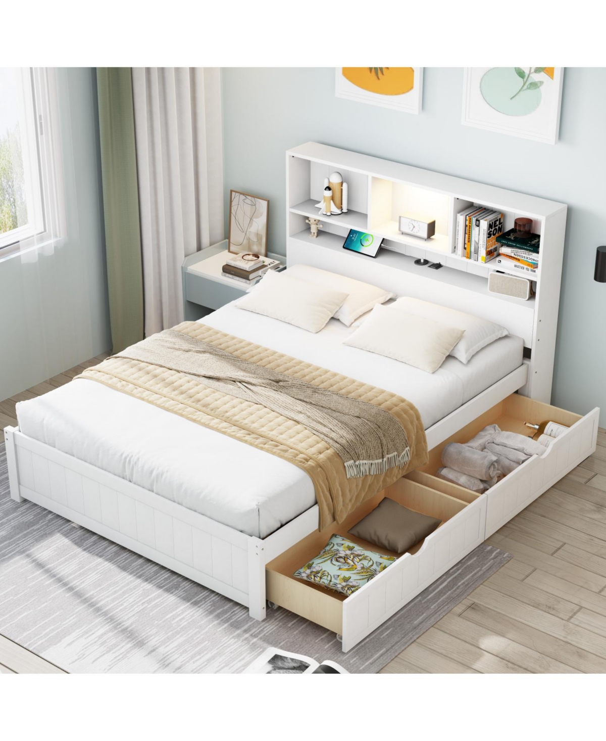 Streamdale Furniture Twin Platform Bed with Bookcase Headboard, Downlight, Charger, Drawers