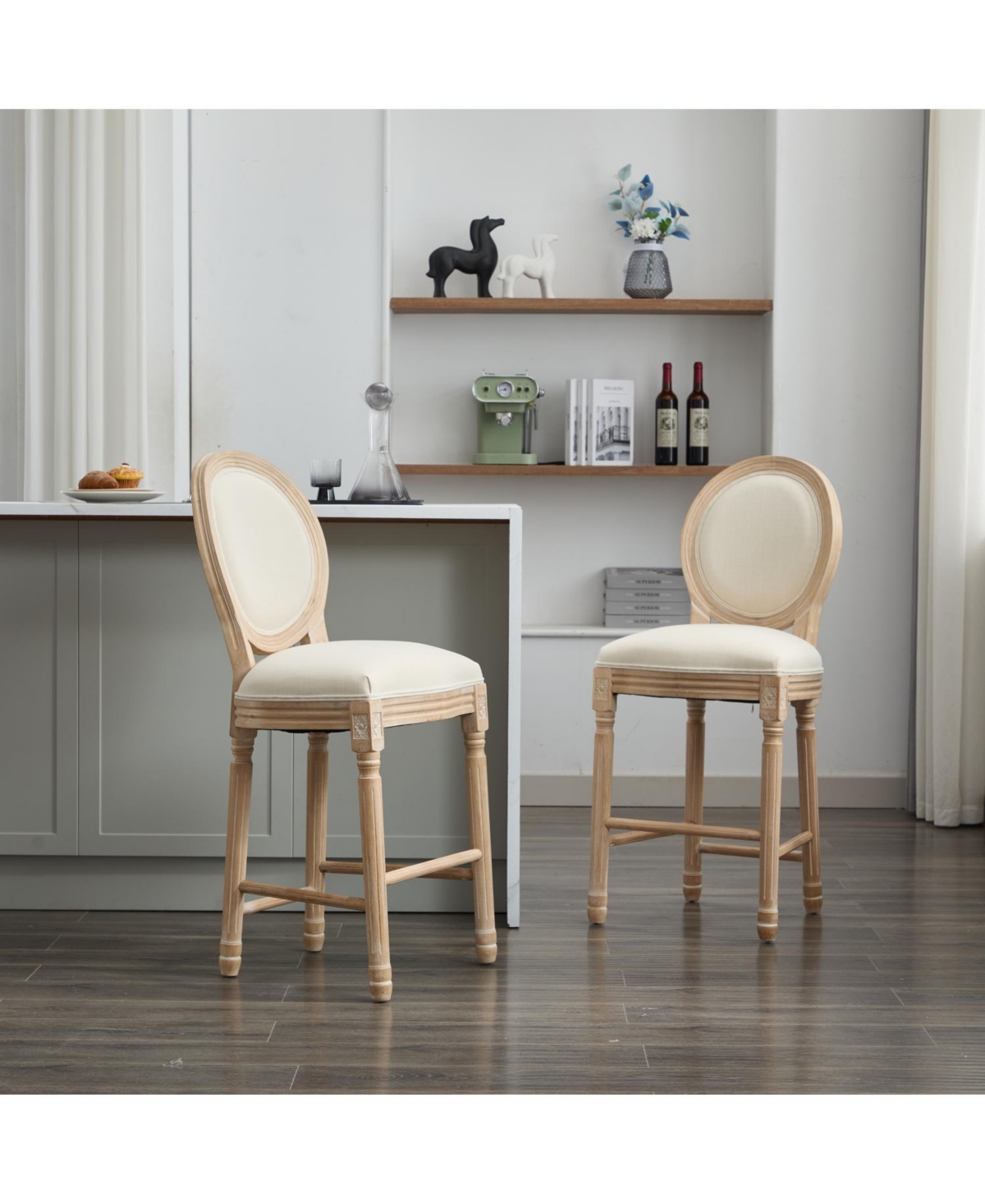 Streamdale Furniture Solid Wood Bar stools Set of 2, Classic French Country Wooden Barstools with Upholstered Seating