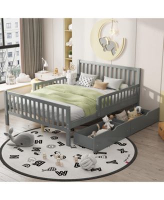 Full Size Wood Platform Bed with Guardrails on Both Sides and Two Storage Drawers, Gray