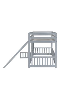 Twin Over Twin Floor Bunk Bed with Slide, Ladder, Door, Safety Guardrails, Solid Pine Wood Bunk Bed
